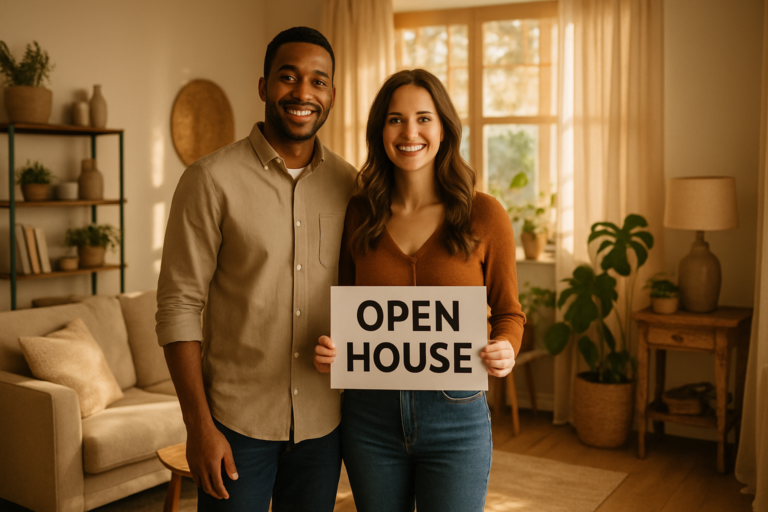 photographic A charming couple stands together in their sunlit living room warmly welcoming guests to their open house The space is adorned with taste