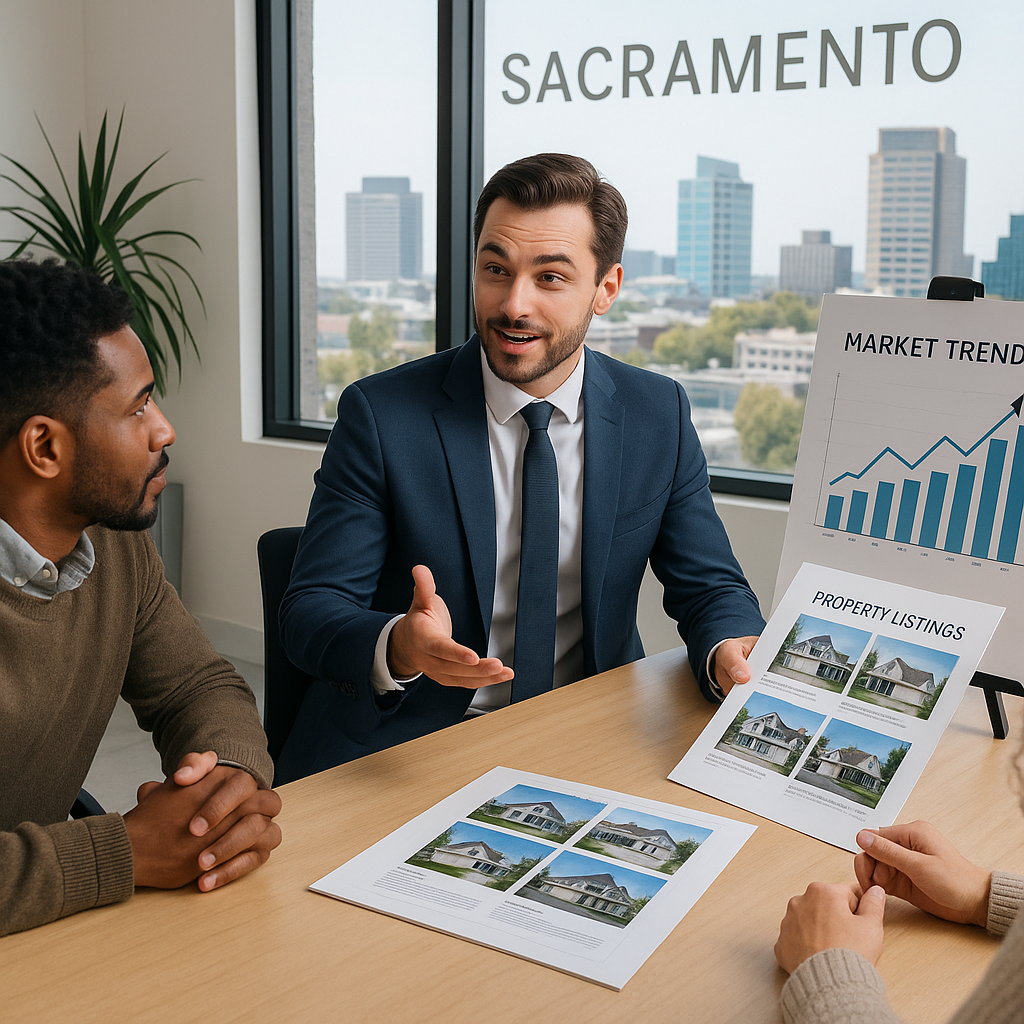 A confident real estate agent discusses market tre