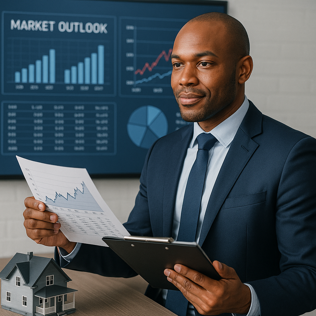 A confident real estate investor analyzing market