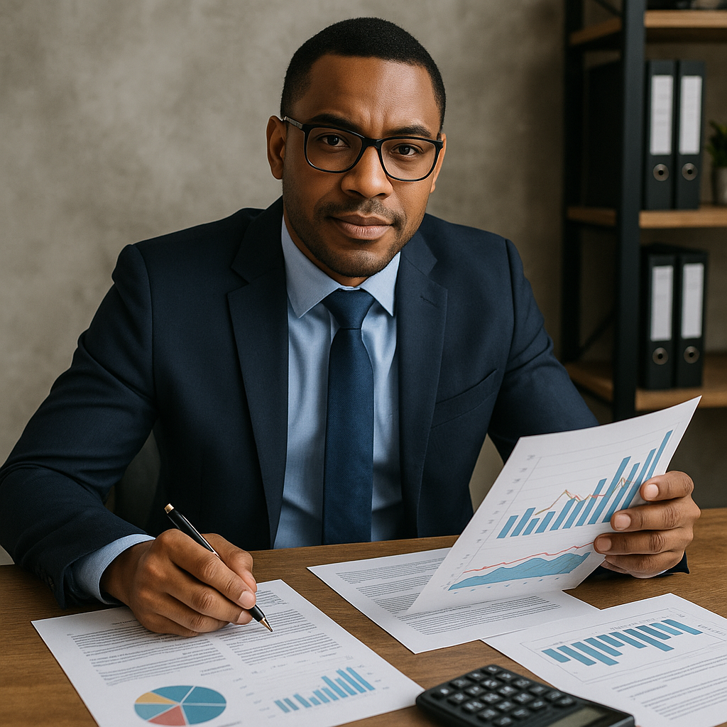 A confident real estate lender reviews financial d