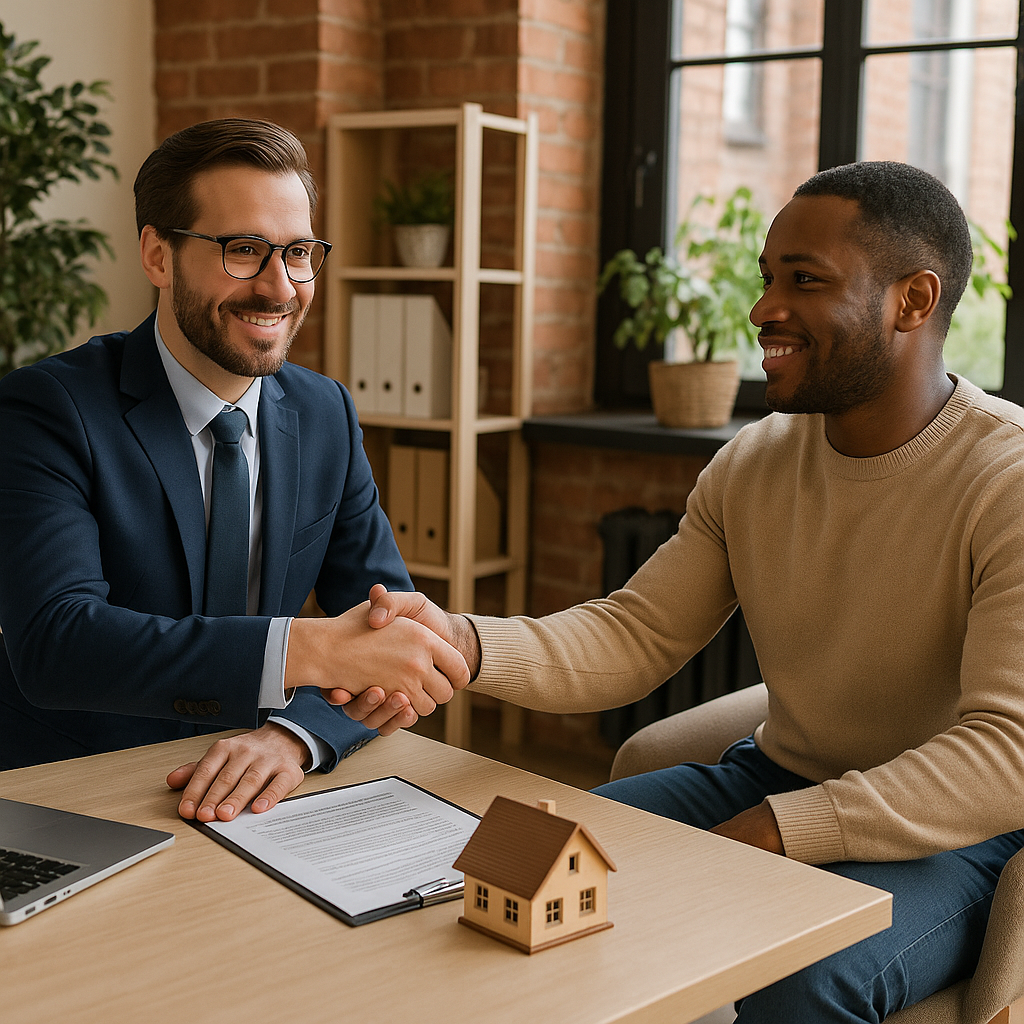A confident real estate professional shaking hands