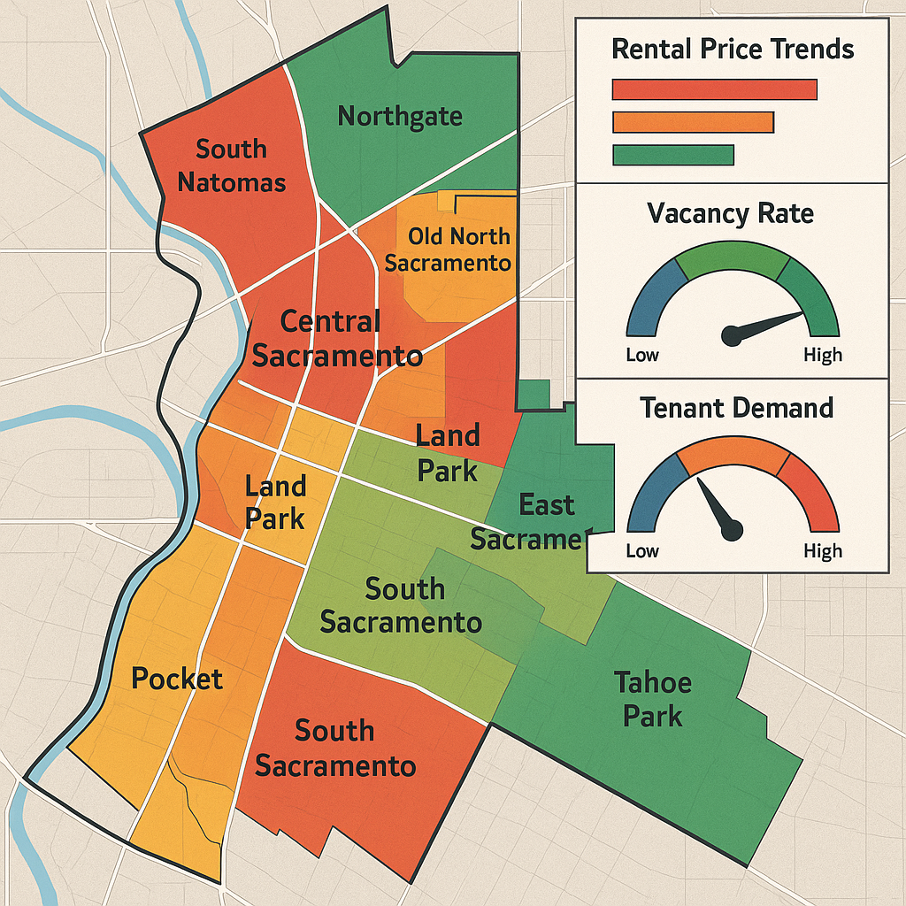A detailed map of Sacramento showing different nei