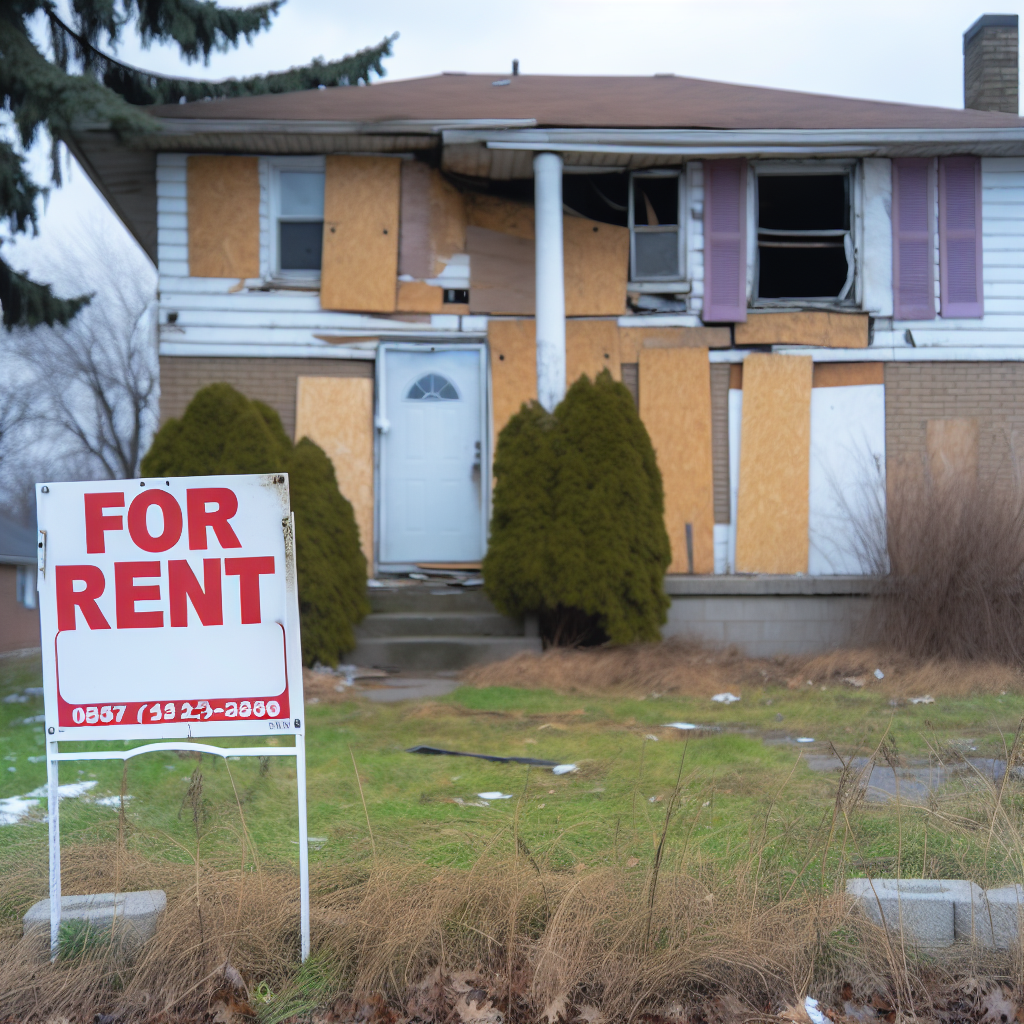 A distressed rental property with visible exterior