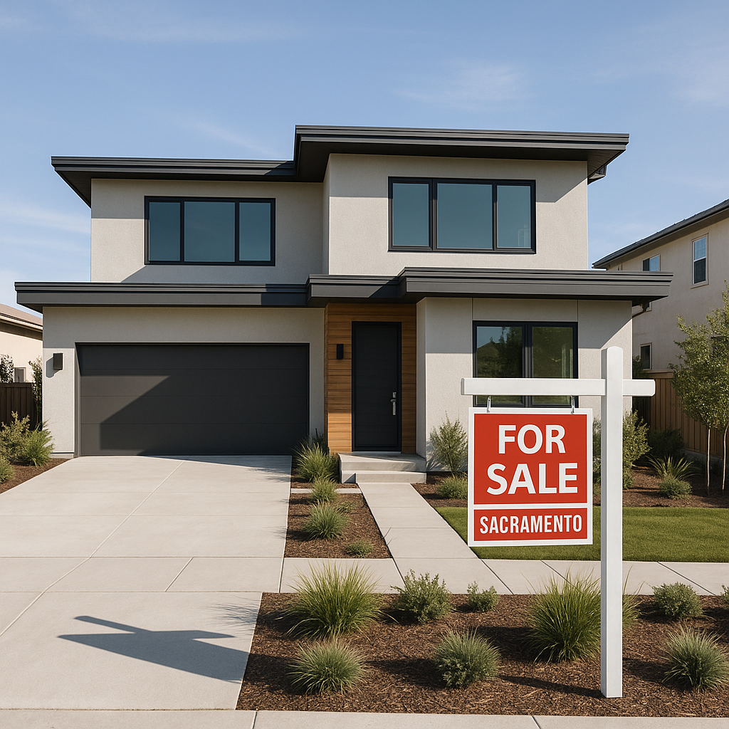 A modern Sacramento home with a For Sale sign, h