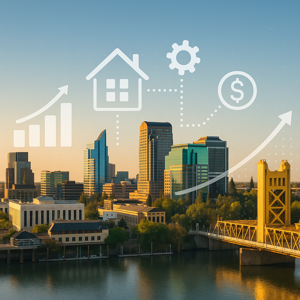 A modern Sacramento skyline with digital overlays