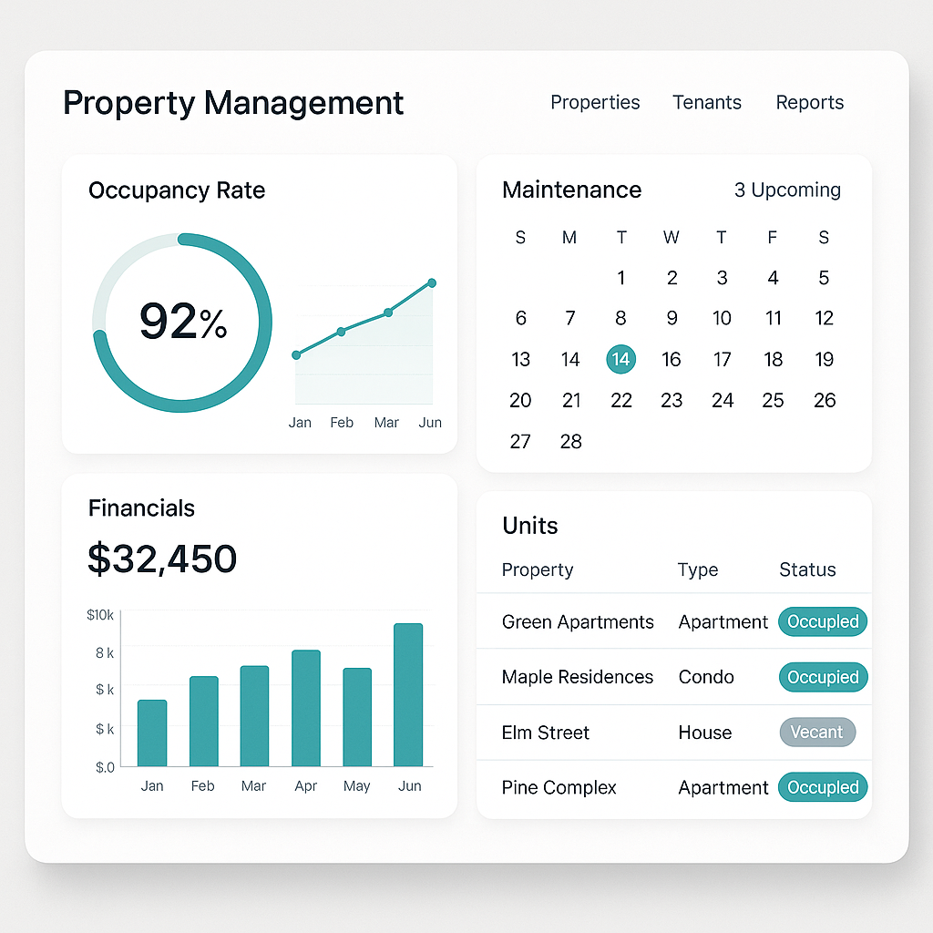 A modern property management dashboard displaying-1