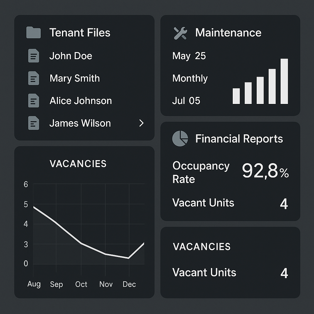 A modern property management dashboard displaying