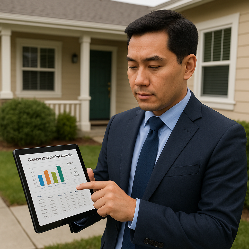 A professional property manager reviewing comparat