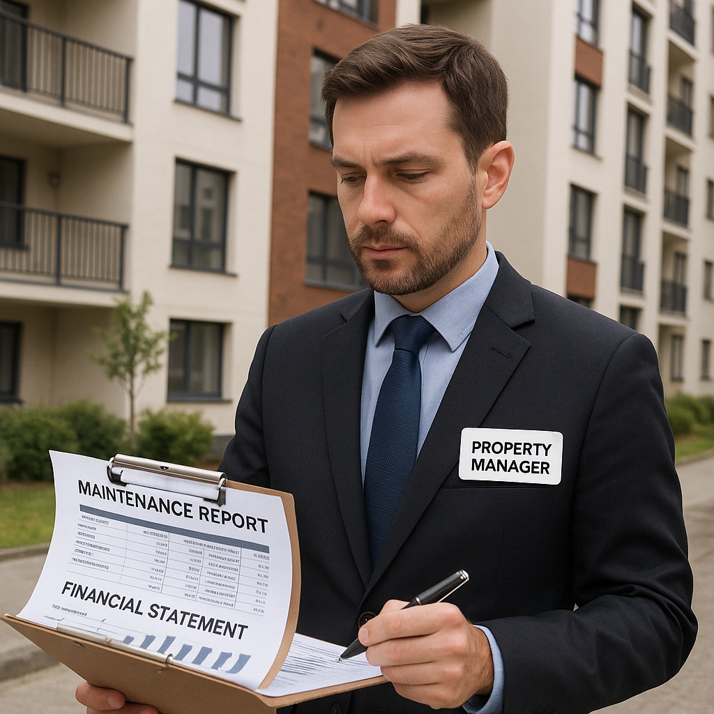 A professional property manager reviewing detailed