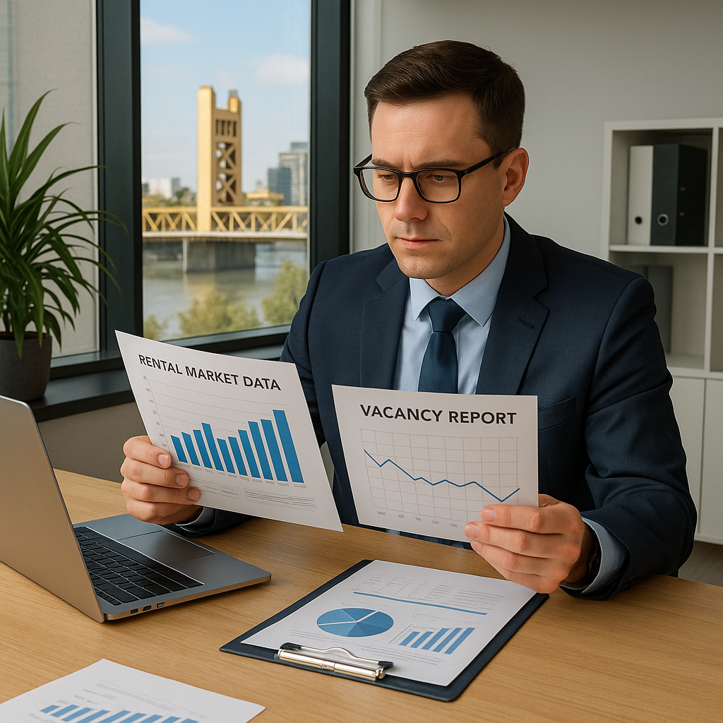 A professional property manager reviewing rental m