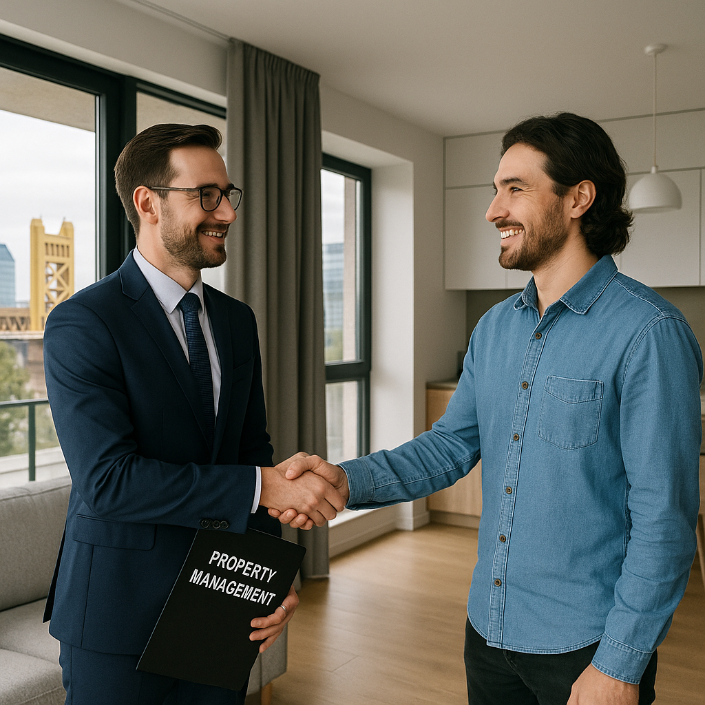 A professional property manager shaking hands with