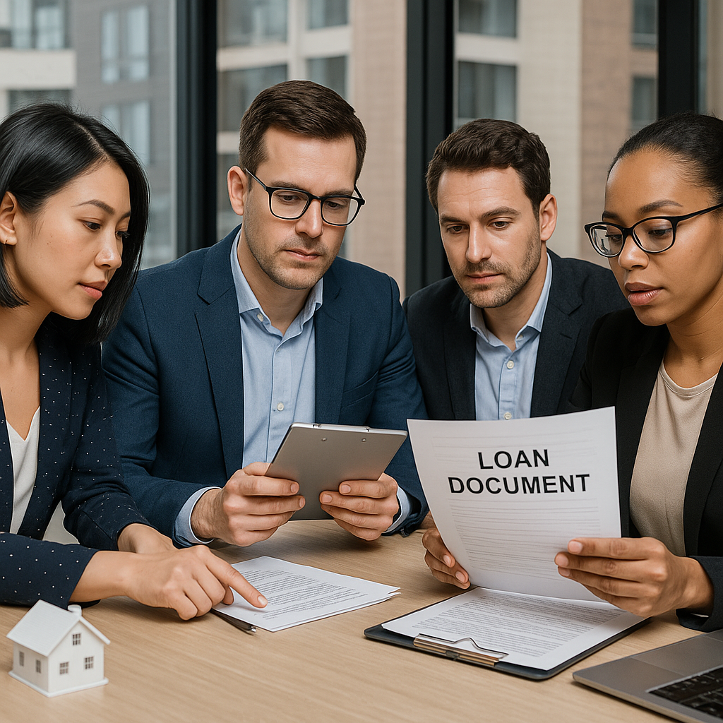 A professional team reviews loan documents togethe