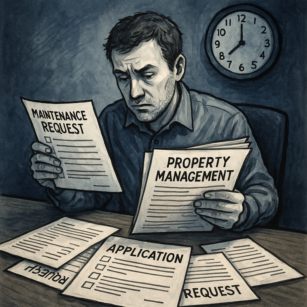 A property manager reviewing multiple documents an