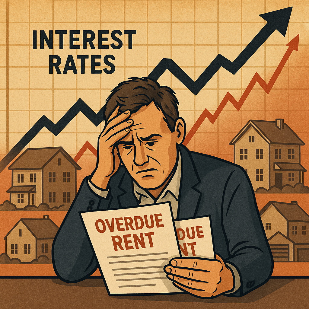 A stressed landlord reviewing overdue rent notices