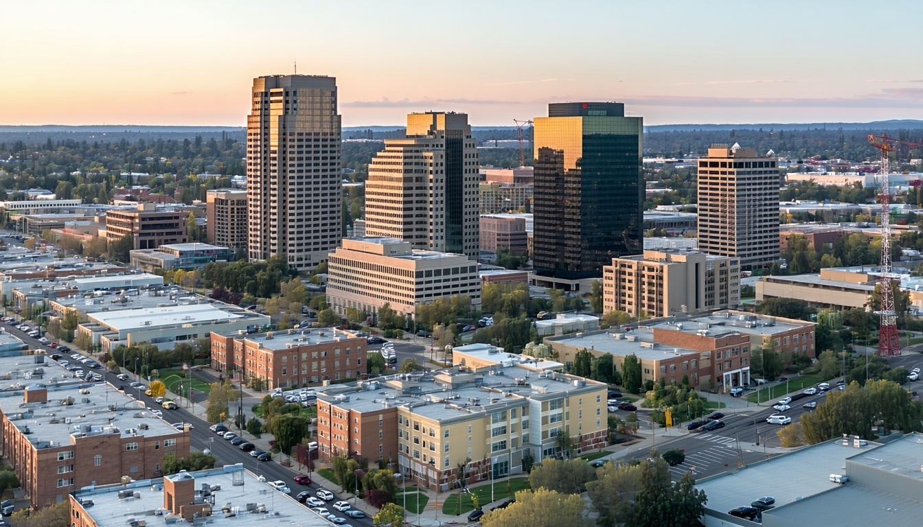 Aerial view of downtown Sacramento with various re