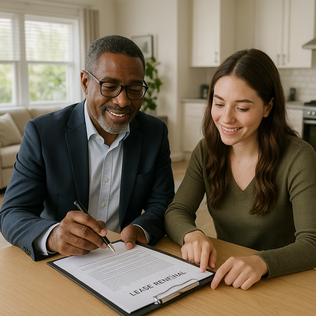 Professional landlord reviewing lease renewal docu