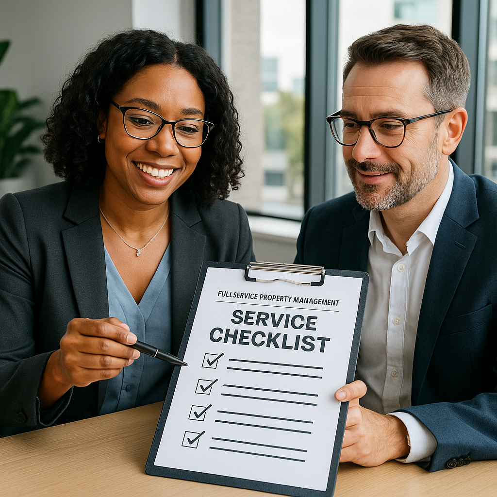 Professional property manager reviewing comprehens