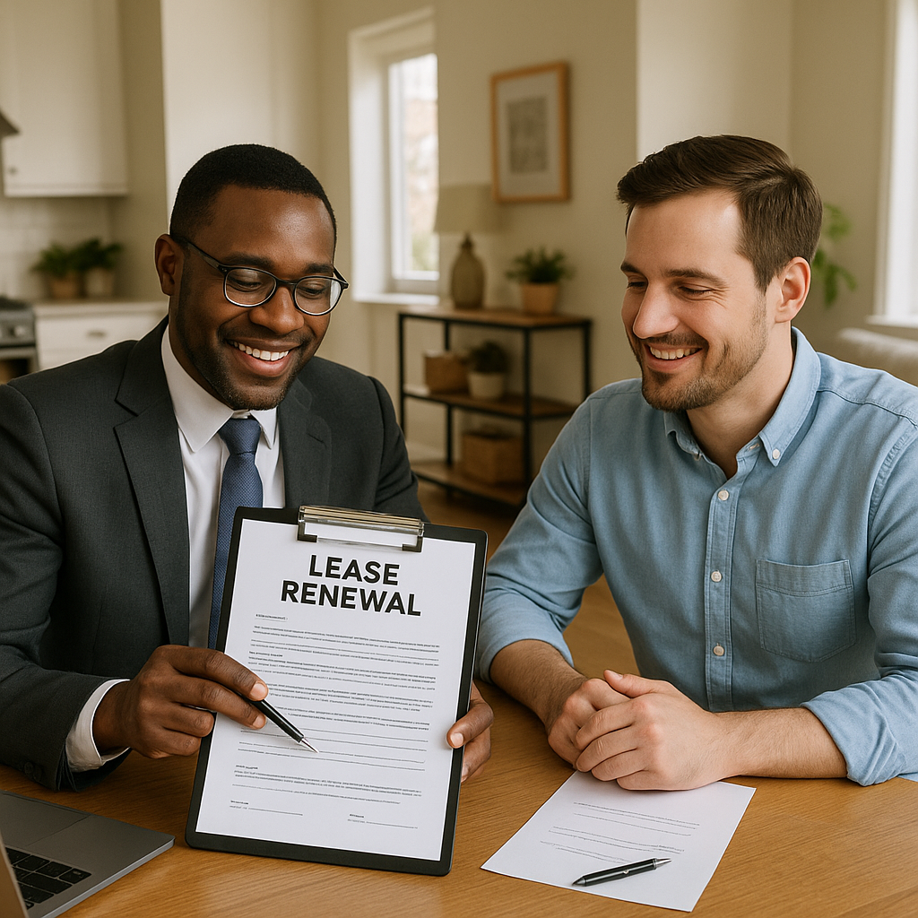 Professional property manager reviewing lease rene